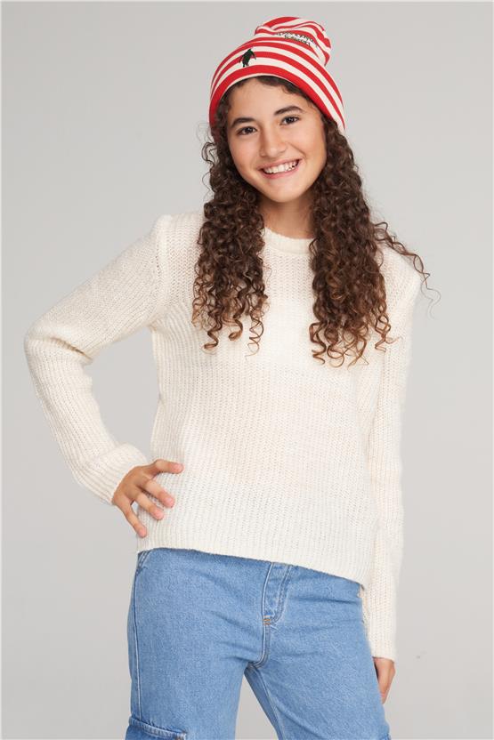 FitClub 28041 Kız Çocuk Bisiklet Yaka Yırtmaçlı Triko Kazak 4-12 Yaş Ekru