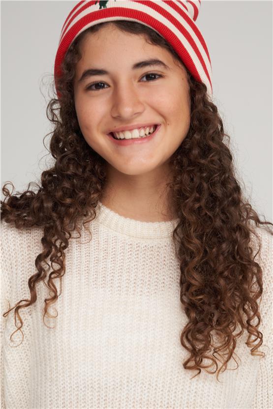 FitClub 28041 Kız Çocuk Bisiklet Yaka Yırtmaçlı Triko Kazak 4-12 Yaş Ekru