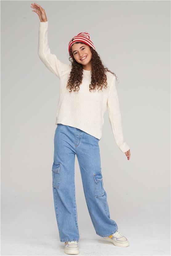 FitClub 28041 Kız Çocuk Bisiklet Yaka Yırtmaçlı Triko Kazak 4-12 Yaş Ekru