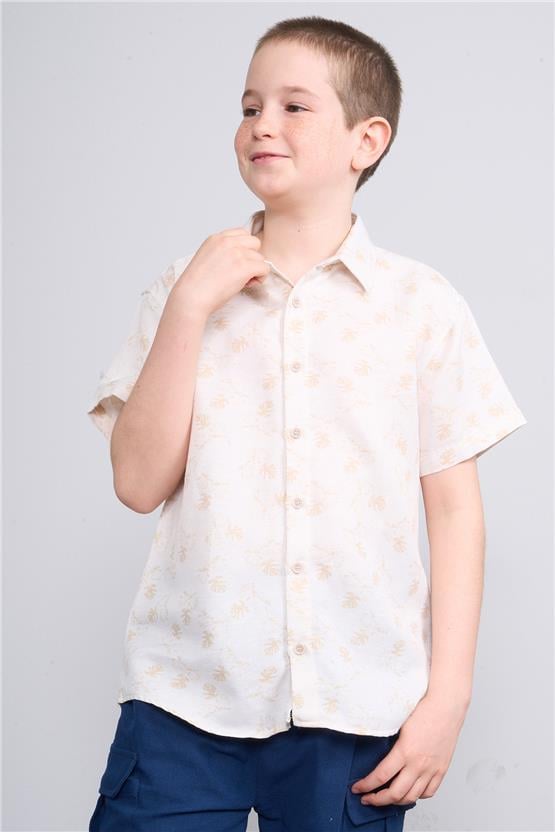 FitClub 31264 Erkek Çocuk Kısa Kol Viskon Keten Gömlek 4-12 Yaş Natural Üzeri 2 Ton Koyu Yapraklar