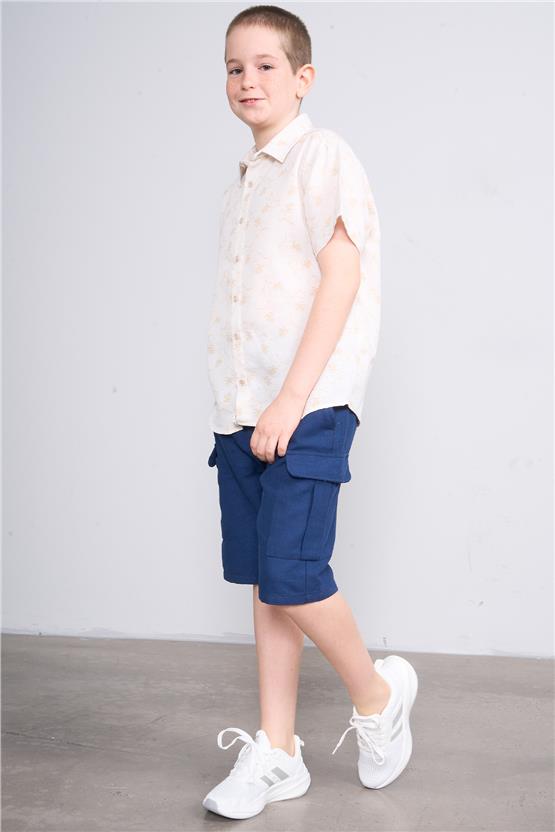 FitClub 31264 Erkek Çocuk Kısa Kol Viskon Keten Gömlek 4-12 Yaş Natural Üzeri 2 Ton Koyu Yapraklar