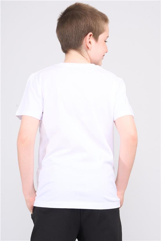 FitClub 32541 Erkek Çocuk Bisiklet Yaka Penye Baskılı T-shirt 4-12 Yaş Beyaz-Lacivert