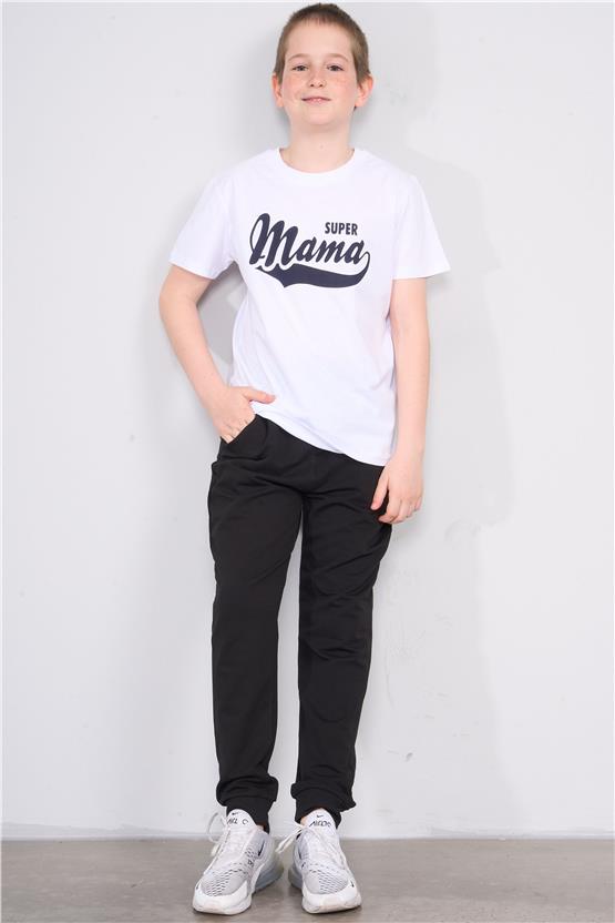 FitClub 32541 Erkek Çocuk Bisiklet Yaka Penye Baskılı T-shirt 4-12 Yaş Beyaz-Lacivert