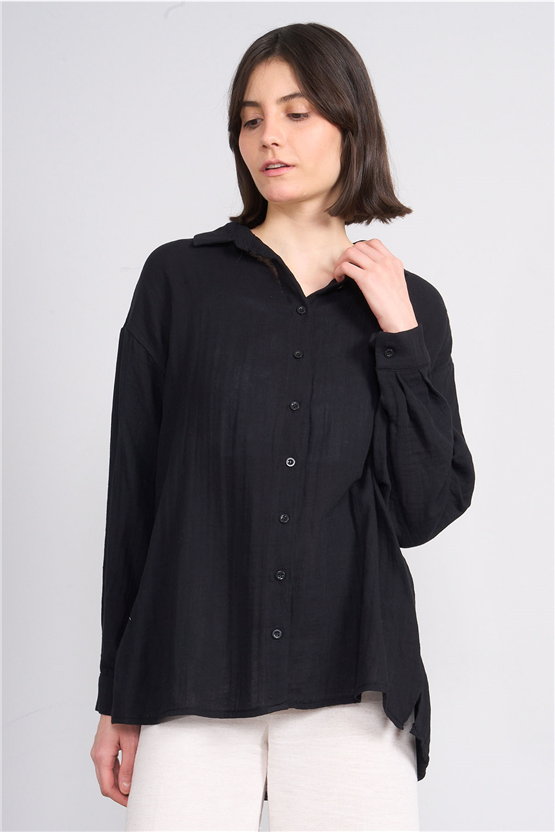 Fithit 1001 Kadın Ayaklı Yaka Müslin Uzun Kol Gömlek Siyah