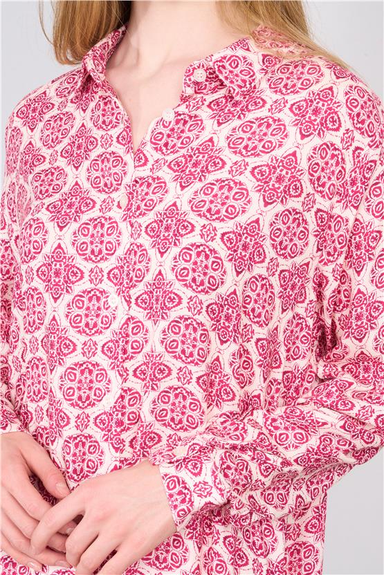 Fithit 1086 Kadın Uzun Kol Viskon Gömlek Ekru Üzeri Fuşya Çiçek Desen