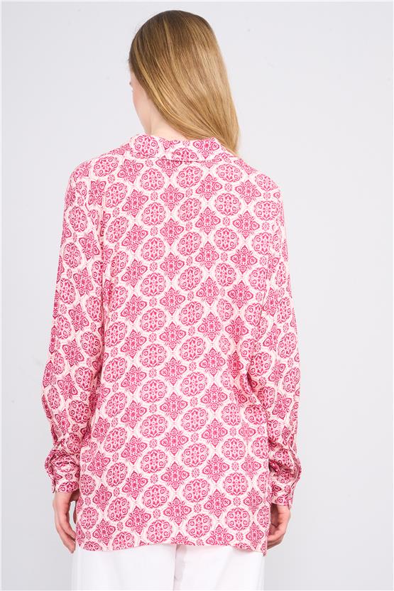 Fithit 1086 Kadın Uzun Kol Viskon Gömlek Ekru Üzeri Fuşya Çiçek Desen