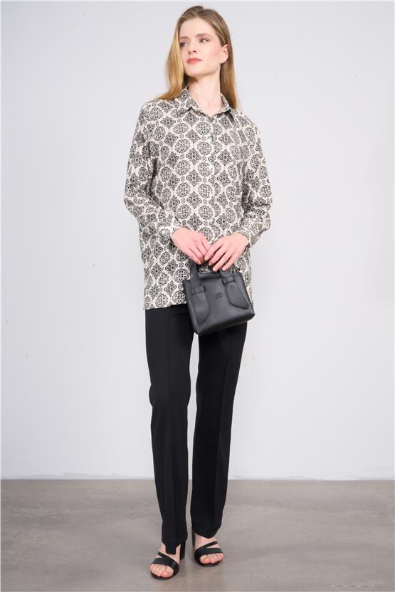 Fithit 1086 Kadın Uzun Kol Viskon Gömlek Ekru Üzeri Siyah Çiçek Desen