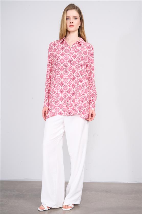 Fithit 1086 Kadın Uzun Kol Viskon Gömlek Ekru Üzeri Fuşya Çiçek Desen