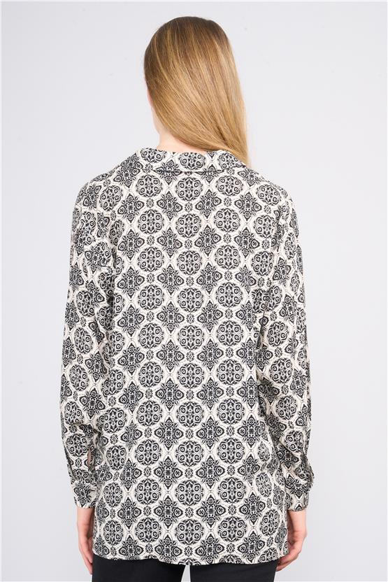 Fithit 1086 Kadın Uzun Kol Viskon Gömlek Ekru Üzeri Siyah Çiçek Desen
