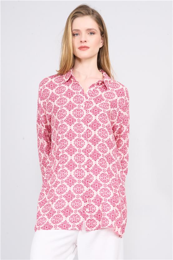 Fithit 1086 Kadın Uzun Kol Viskon Gömlek Ekru Üzeri Fuşya Çiçek Desen