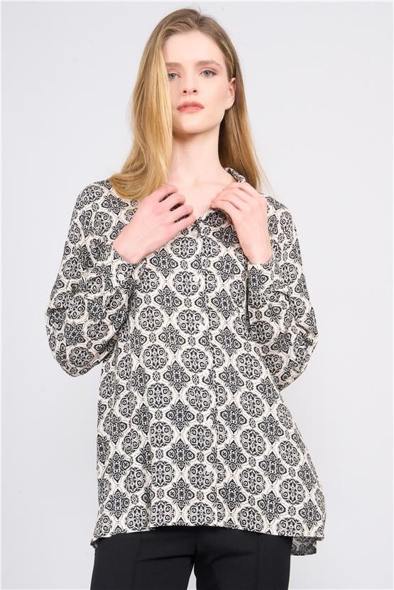 Fithit 1086 Kadın Uzun Kol Viskon Gömlek Ekru Üzeri Siyah Çiçek Desen