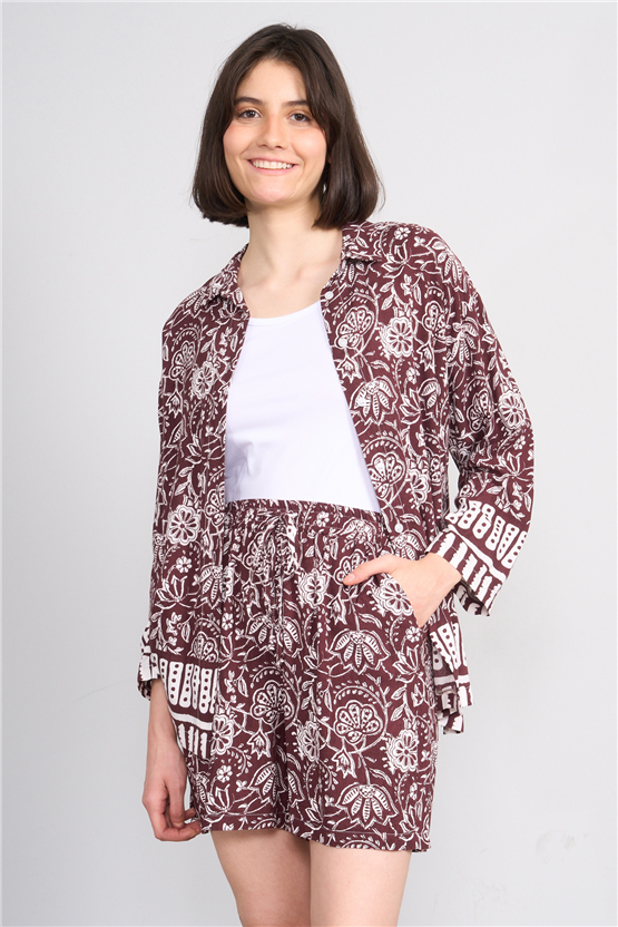 Fithit 1118 Kadın Uzun Kol Viskon Gömlek Kahve Üzeri Eteği Sulu Desen