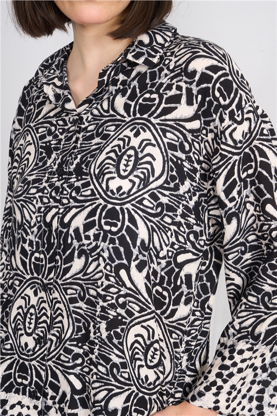 Fithit 1118 Kadın Uzun Kol Viskon Gömlek Siyah Üzeri Eteği Sulu Desen