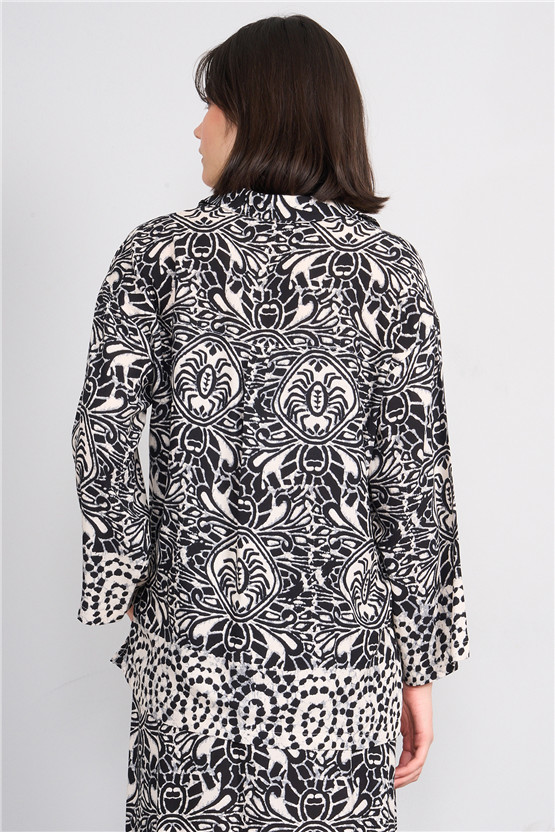 Fithit 1118 Kadın Uzun Kol Viskon Gömlek Siyah Üzeri Eteği Sulu Desen