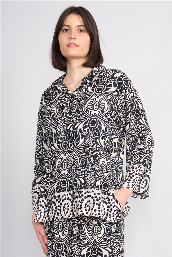 Fithit 1118 Kadın Uzun Kol Viskon Gömlek Siyah Üzeri Eteği Sulu Desen