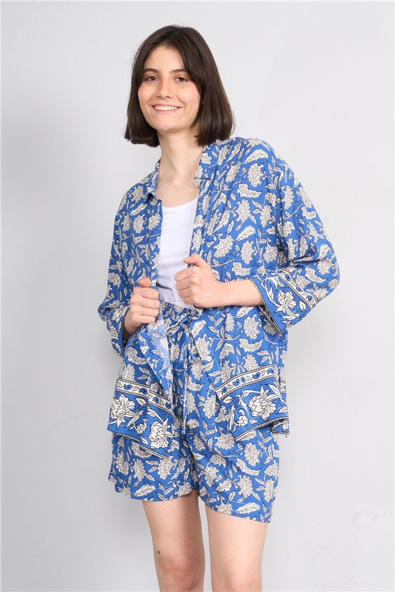 Fithit 1118 Kadın Uzun Kol Viskon Gömlek İndigo Üzeri Eteği Sulu Desen