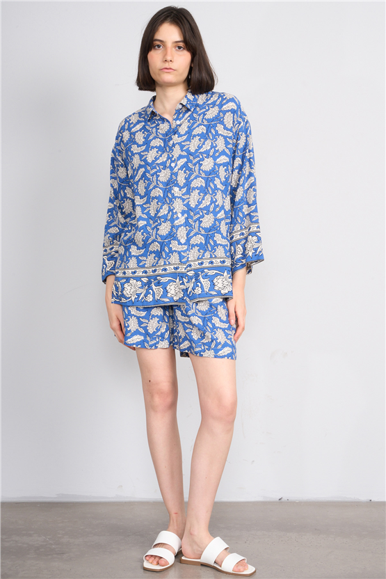 Fithit 1118 Kadın Uzun Kol Viskon Gömlek İndigo Üzeri Eteği Sulu Desen