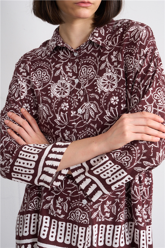 Fithit 1118 Kadın Uzun Kol Viskon Gömlek Kahve Üzeri Eteği Sulu Desen