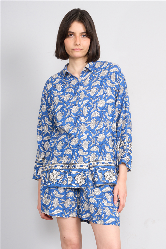 Fithit 1118 Kadın Uzun Kol Viskon Gömlek İndigo Üzeri Eteği Sulu Desen