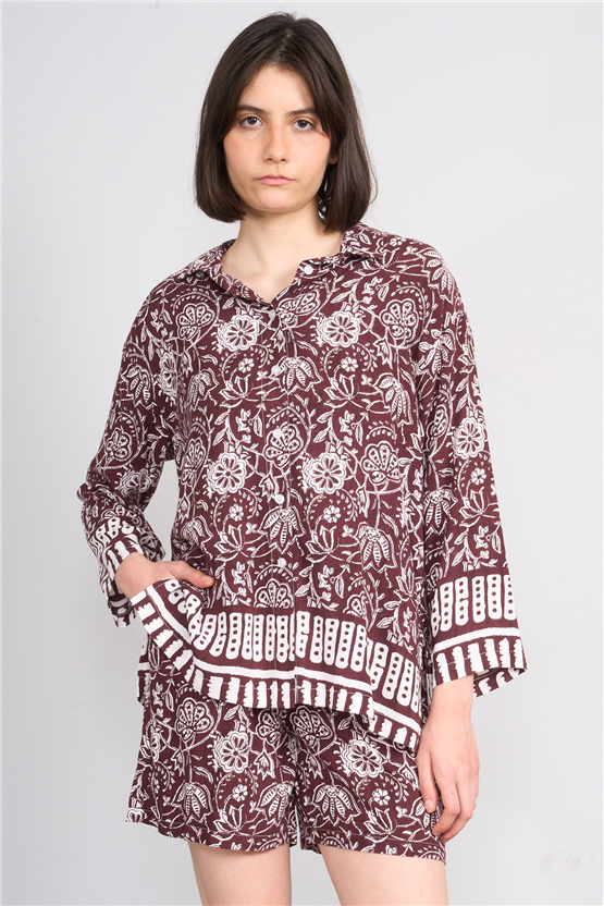 Fithit 1118 Kadın Uzun Kol Viskon Gömlek Kahve Üzeri Eteği Sulu Desen