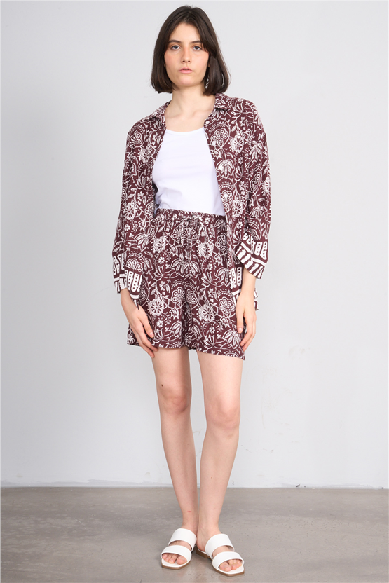 Fithit 1118 Kadın Uzun Kol Viskon Gömlek Kahve Üzeri Eteği Sulu Desen