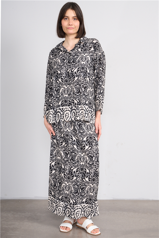 Fithit 1118 Kadın Uzun Kol Viskon Gömlek Siyah Üzeri Eteği Sulu Desen