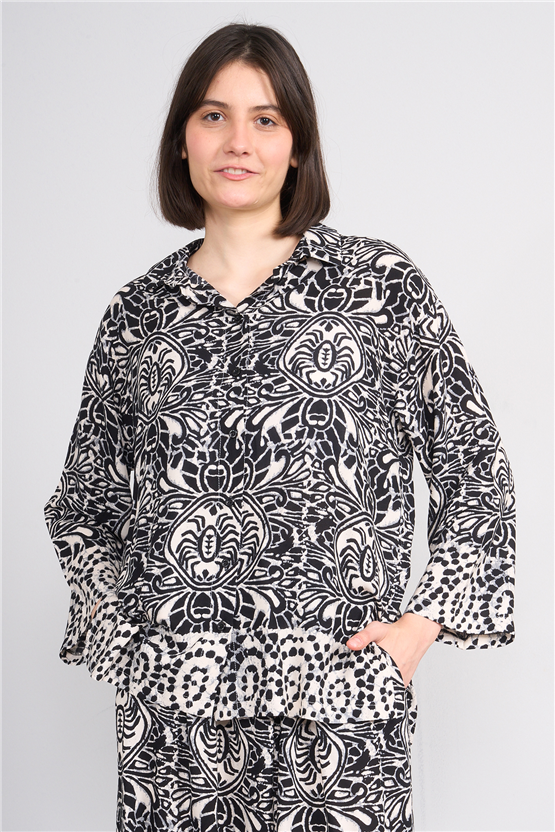 Fithit 1118 Kadın Uzun Kol Viskon Gömlek Siyah Üzeri Eteği Sulu Desen