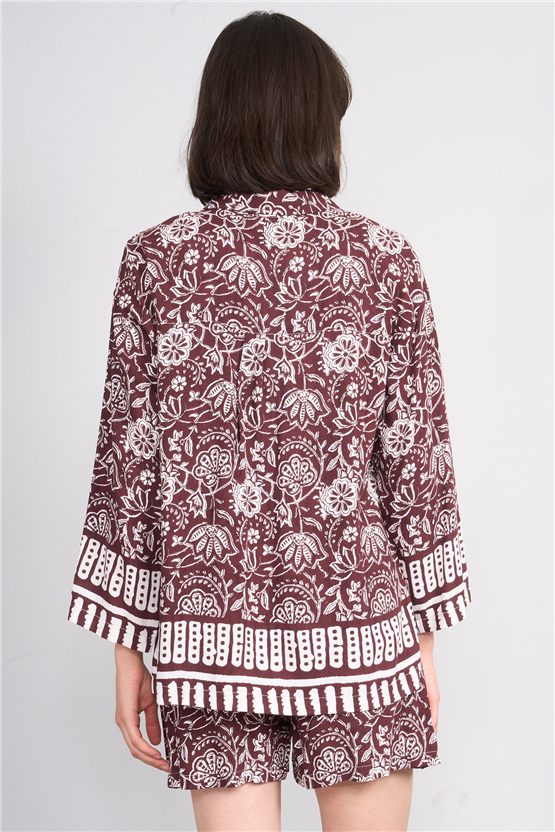 Fithit 1118 Kadın Uzun Kol Viskon Gömlek Kahve Üzeri Eteği Sulu Desen