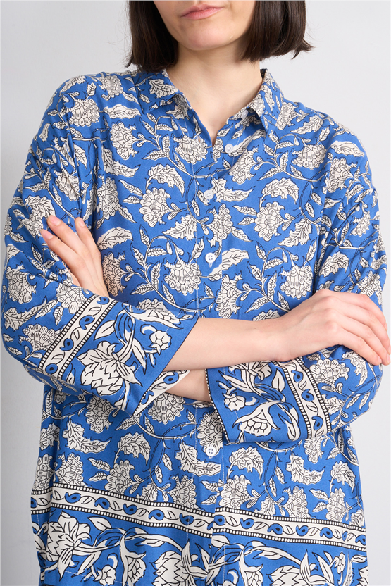 Fithit 1118 Kadın Uzun Kol Viskon Gömlek İndigo Üzeri Eteği Sulu Desen