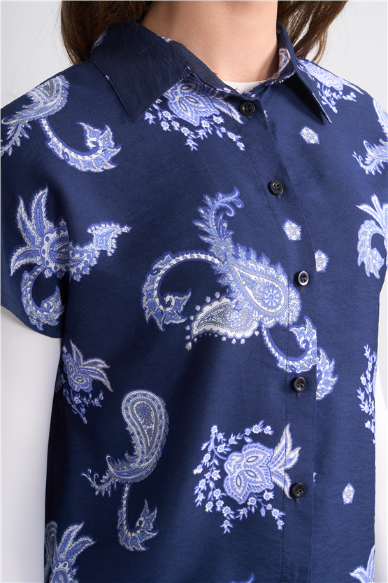 Fithit 1623 Kadın Kısa Kol Regular Viskon Gömlek Lacivert Üzeri Şal Desen