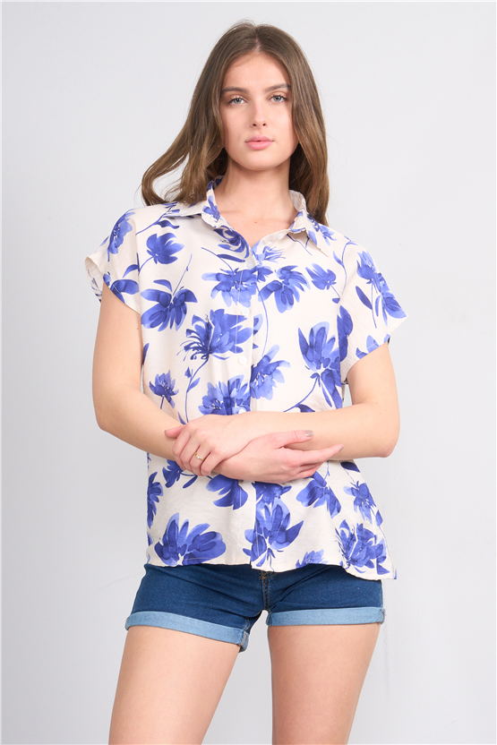 Fithit 1623 Kadın Kısa Kol Regular Viskon Gömlek Bej Üzeri Saks Çiçek Desen