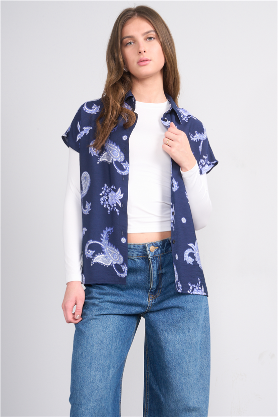 Fithit 1623 Kadın Kısa Kol Regular Viskon Gömlek Lacivert Üzeri Şal Desen