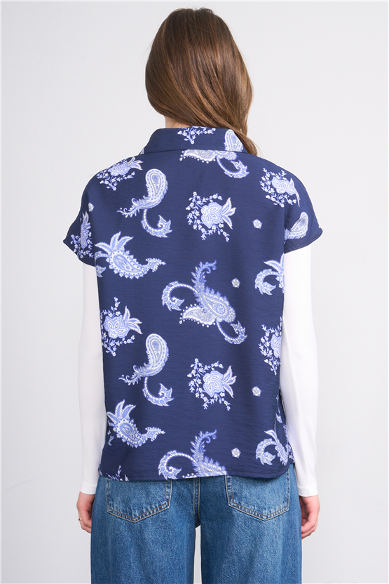 Fithit 1623 Kadın Kısa Kol Regular Viskon Gömlek Lacivert Üzeri Şal Desen