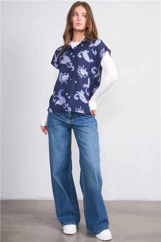 Fithit 1623 Kadın Kısa Kol Regular Viskon Gömlek Lacivert Üzeri Şal Desen