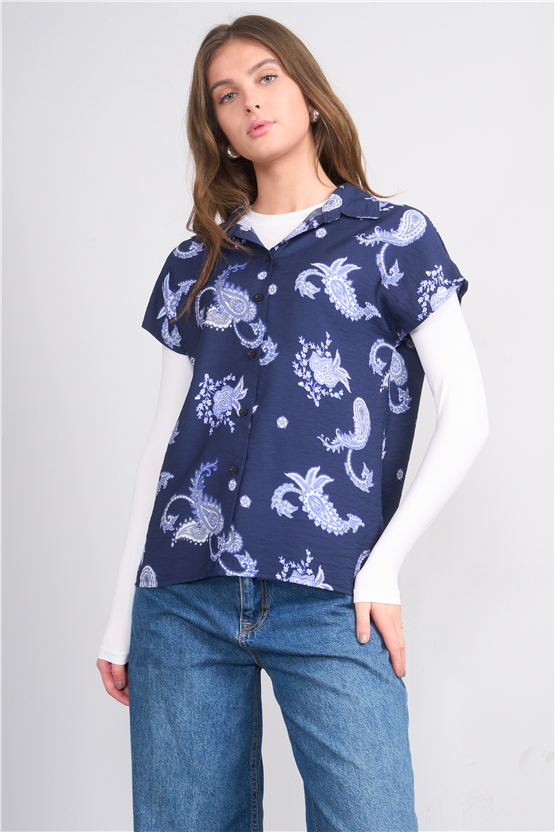 Fithit 1623 Kadın Kısa Kol Regular Viskon Gömlek Lacivert Üzeri Şal Desen