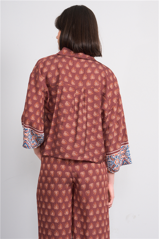 Fithit 1643 Kadın Uzun Kol Viskon Gömlek Kahve Üzeri Eteği Sulu Etnik Desen