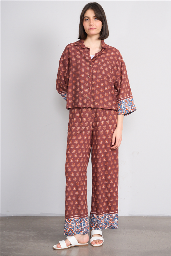 Fithit 1643 Kadın Uzun Kol Viskon Gömlek Kahve Üzeri Eteği Sulu Etnik Desen