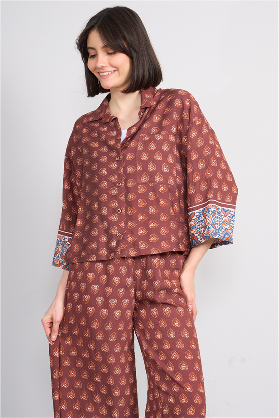 Fithit 1643 Kadın Uzun Kol Viskon Gömlek Kahve Üzeri Eteği Sulu Etnik Desen