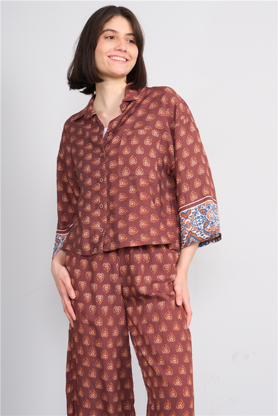 Fithit 1643 Kadın Uzun Kol Viskon Gömlek Kahve Üzeri Eteği Sulu Etnik Desen