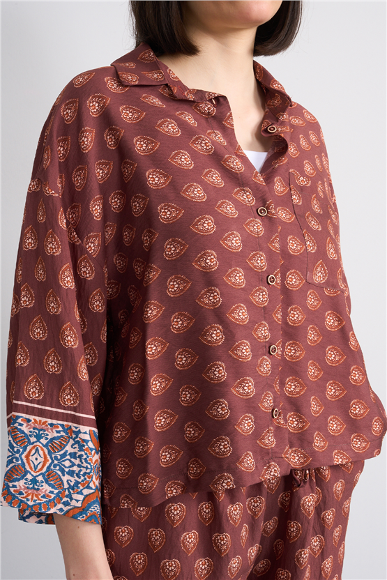 Fithit 1643 Kadın Uzun Kol Viskon Gömlek Kahve Üzeri Eteği Sulu Etnik Desen