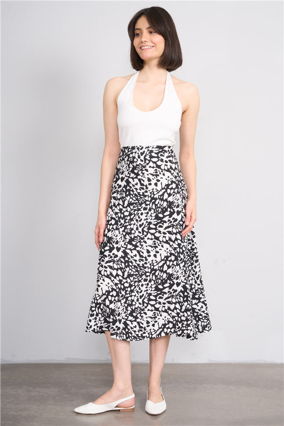 Fithit 4652 Bayan Viskon Regular Çan Etek Siyah Üzeri Kalpli Leopar Desen