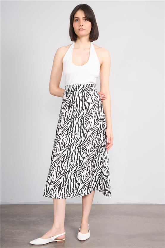 Fithit 4652 Bayan Viskon Regular Çan Etek Beyaz Üzeri Zebra Desen