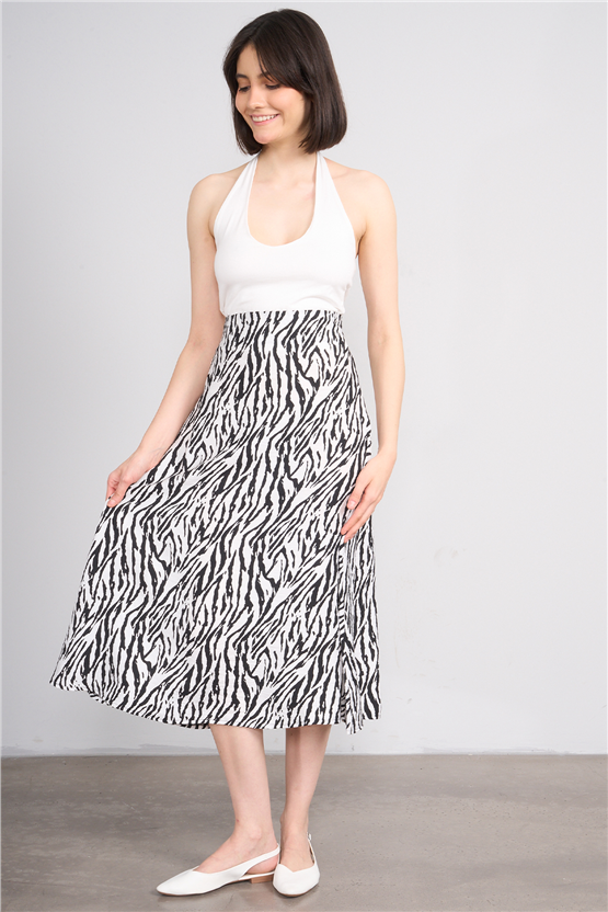Fithit 4652 Bayan Viskon Regular Çan Etek Beyaz Üzeri Zebra Desen