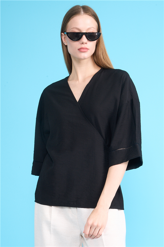 Fithit 5327 Kadın Kruvaze Yaka Kimono Siyah