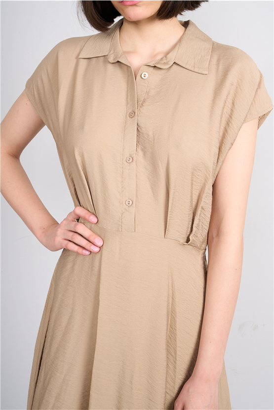 Fithit 6510 Kadın Gömlek Yaka Kısa Kol Midi Viskon Elbise Vizon