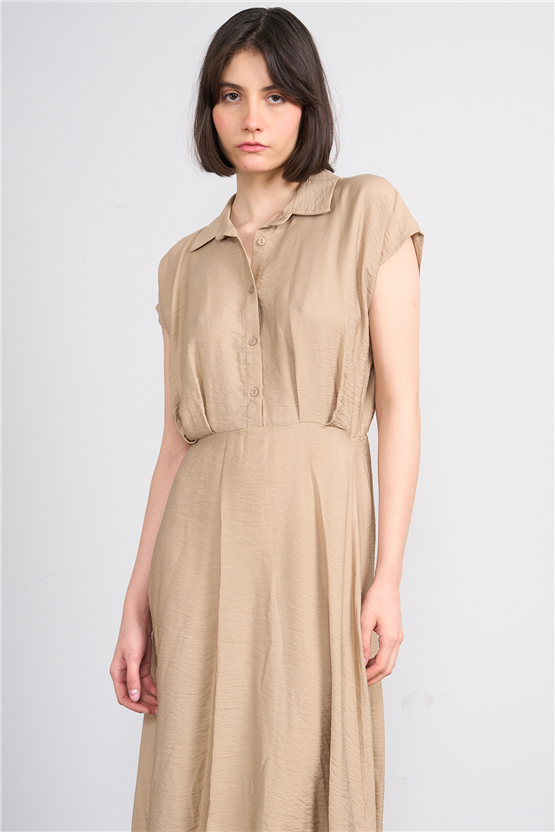 Fithit 6510 Kadın Gömlek Yaka Kısa Kol Midi Viskon Elbise Vizon