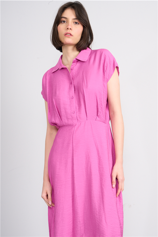 Fithit 6510 Kadın Gömlek Yaka Kısa Kol Midi Viskon Elbise Fuşya