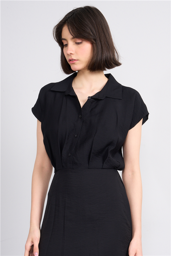 Fithit 6510 Kadın Gömlek Yaka Kısa Kol Midi Viskon Elbise Siyah