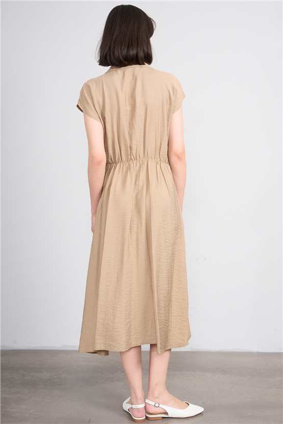 Fithit 6510 Kadın Gömlek Yaka Kısa Kol Midi Viskon Elbise Vizon