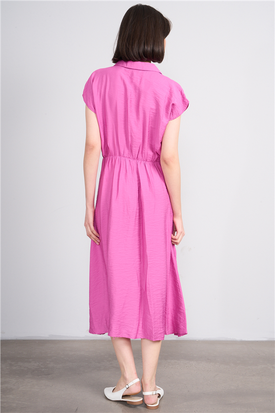 Fithit 6510 Kadın Gömlek Yaka Kısa Kol Midi Viskon Elbise Fuşya